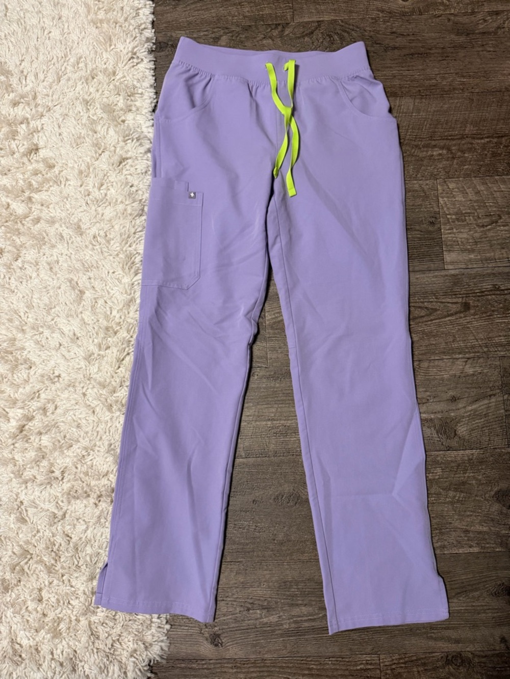 Women’s Figs Lavender Scrub Pants with Neon Yellow Drawstring